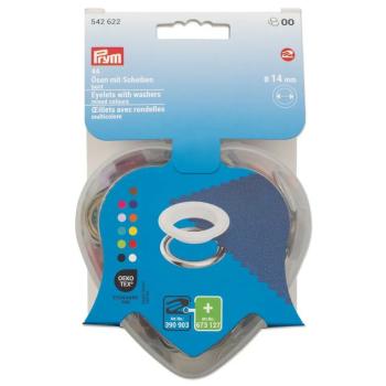 Preview: Prym Ösen mit Scheiben, bunt, in Herzbox, 14 mm 542622